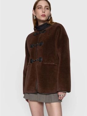 NWT $268 Rebecca Minkoff Shearling Toggle Jacket Chocolate Brown XL